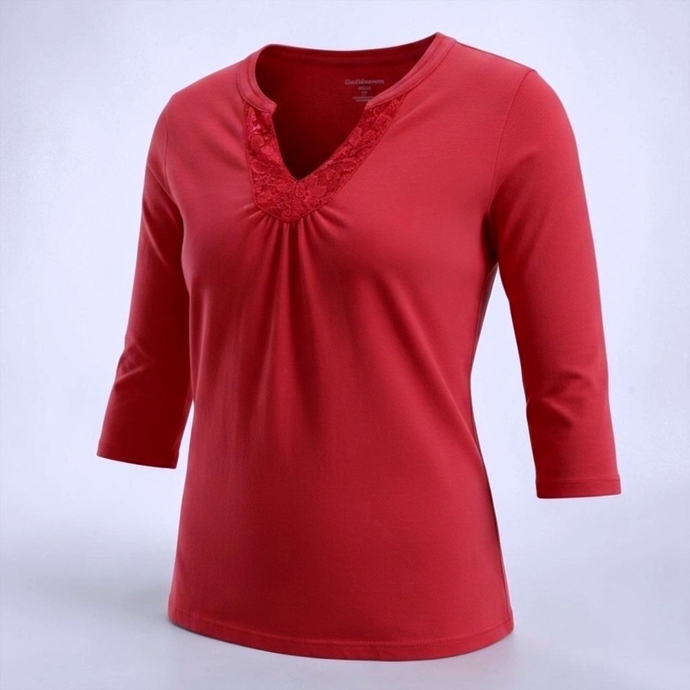 Croft & Barrow Red Lace Sequin Split Neck 3/4 Sleeve Knit Top Womens Large